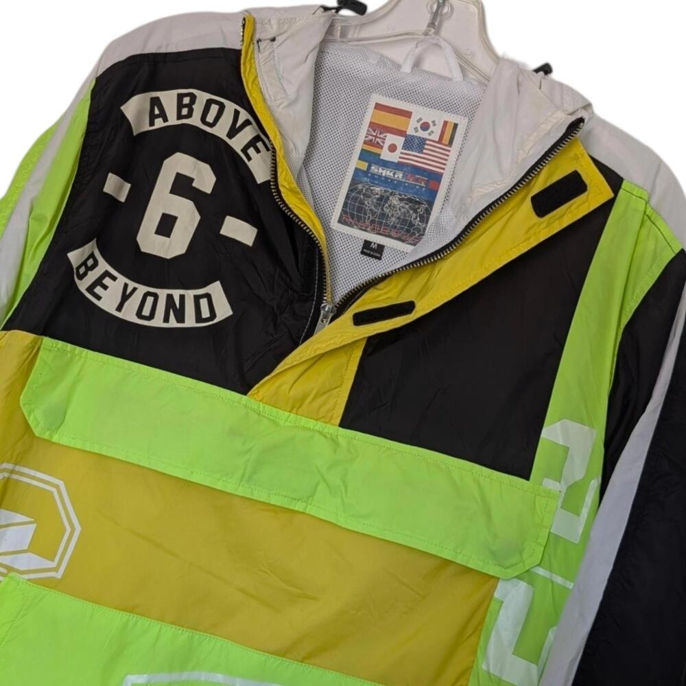 Smoke Rise Jacket Mens Medium Black White Neon Green Hooded Anorak‎ Windbreaker